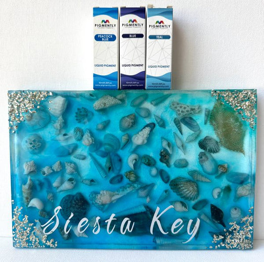 Epoxy resin wall art made using Primaloc Epoxy, several pigments from Pigmently, and a variety of collected seashells and other garnishes.