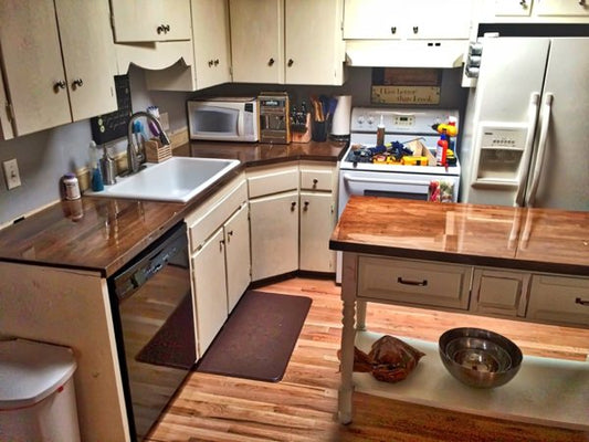 A kitchen with epoxy countertops.