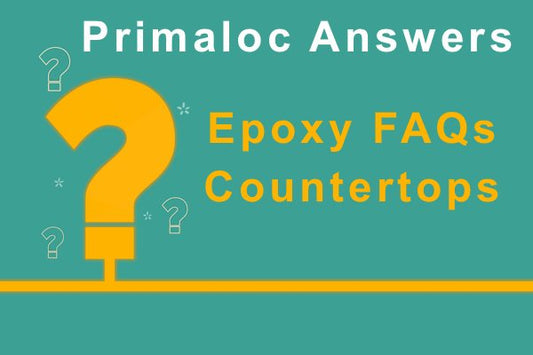 An illustration of a large yellow question mark with adjacent text that says "Primaloc Answers: Epoxy FAQs - Countertops"