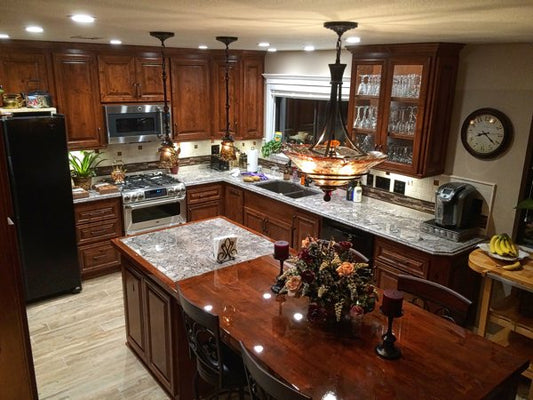 A lavish kitchen with a full set of epoxy countertops.