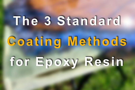 A blurred photo of a deep pour epoxy table top, with a text overlay that says "The 3 Standard Coating Methods for Epoxy Resin"