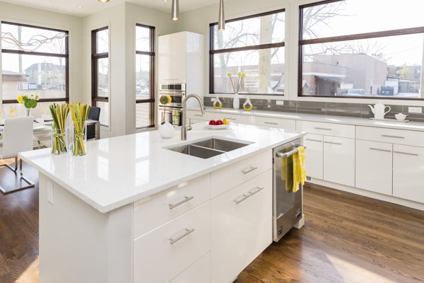 A kitchen featuring a full set of epoxy marble countertops.