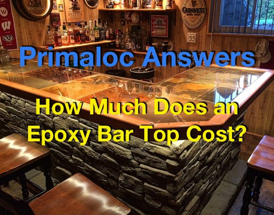 A photo of a epoxy bar top with a text overlay that says "Primaloc Answers: How Much Does an Epoxy Bar Top Cost?"