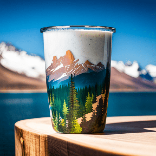 An epoxy tumbler resting on a live edge wooden table with a scenic vista in the background.