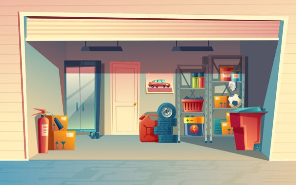 Artwork of an open garage with a variety of materials and components stored on metal shelves.