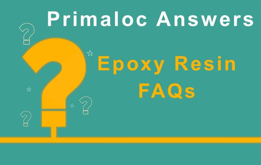 A illustrated banner featuring a green background and an orange question mark with a text overlay that says, "Primaloc Answers: Epoxy Resin FAQs."