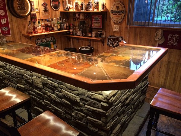 A large tiled epoxy bar top.